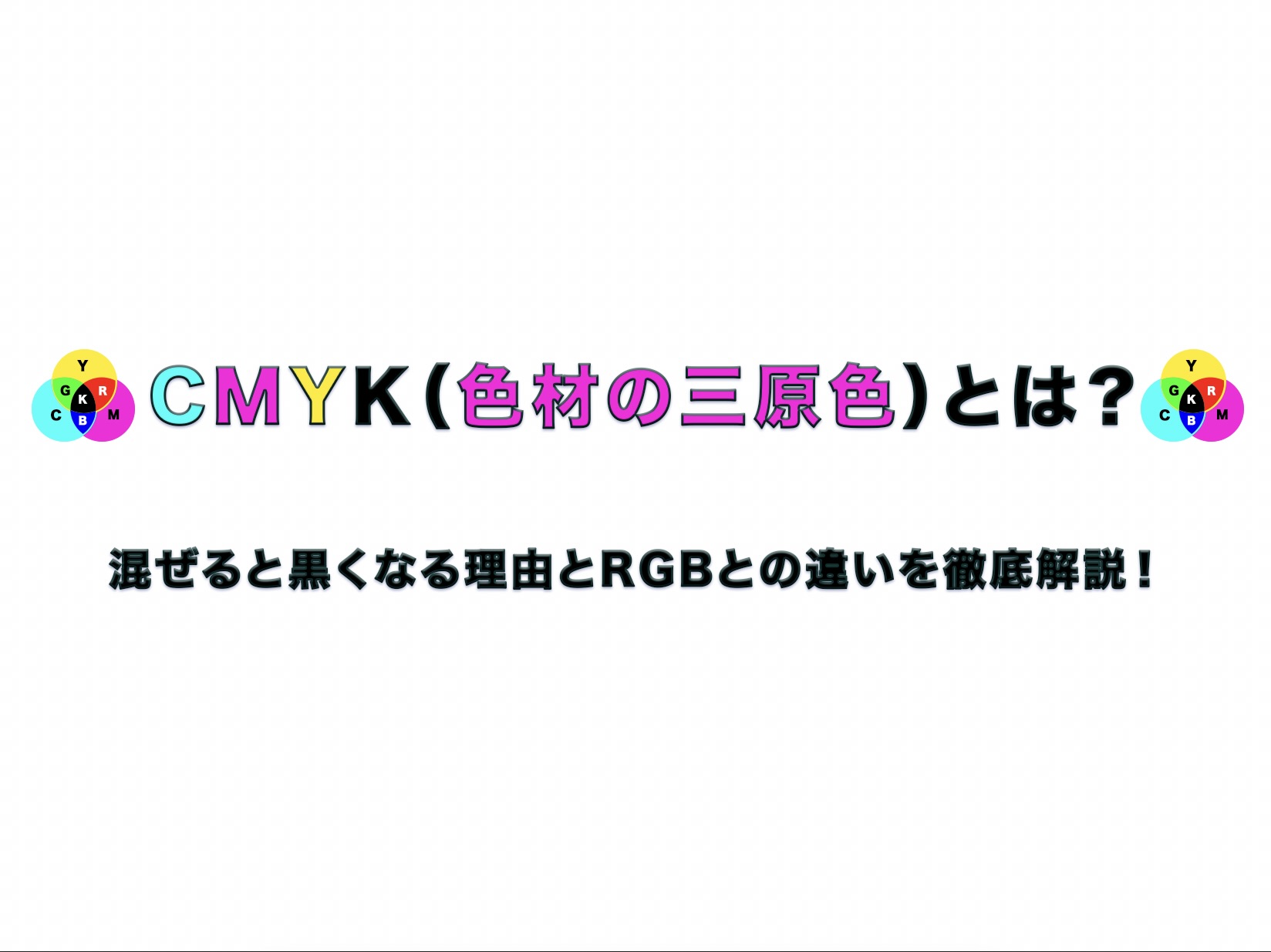 CMYK（色材の三原色）とは？」というタイトルと、左右に減法混色の図解を配置したブログ記事のアイキャッチ画像